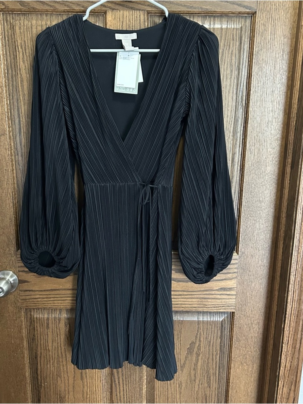 H&M Black Pleated Wrap-Style Dress with Balloon Sleeves